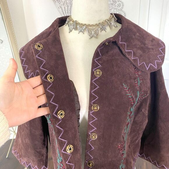 90s Whimsygoth Boho Floral Embroidered Bolero Suede Leather Cape Jacket 8 / M - Picture 4 of 7